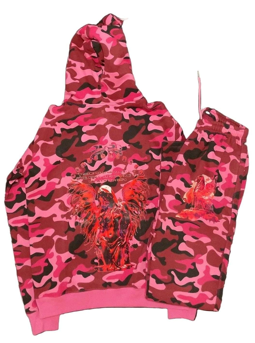 Pink camouflage hoodie with a red eagle design on a white background