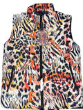 Multicolored patterned vest with zebra and leopard prints on a white background