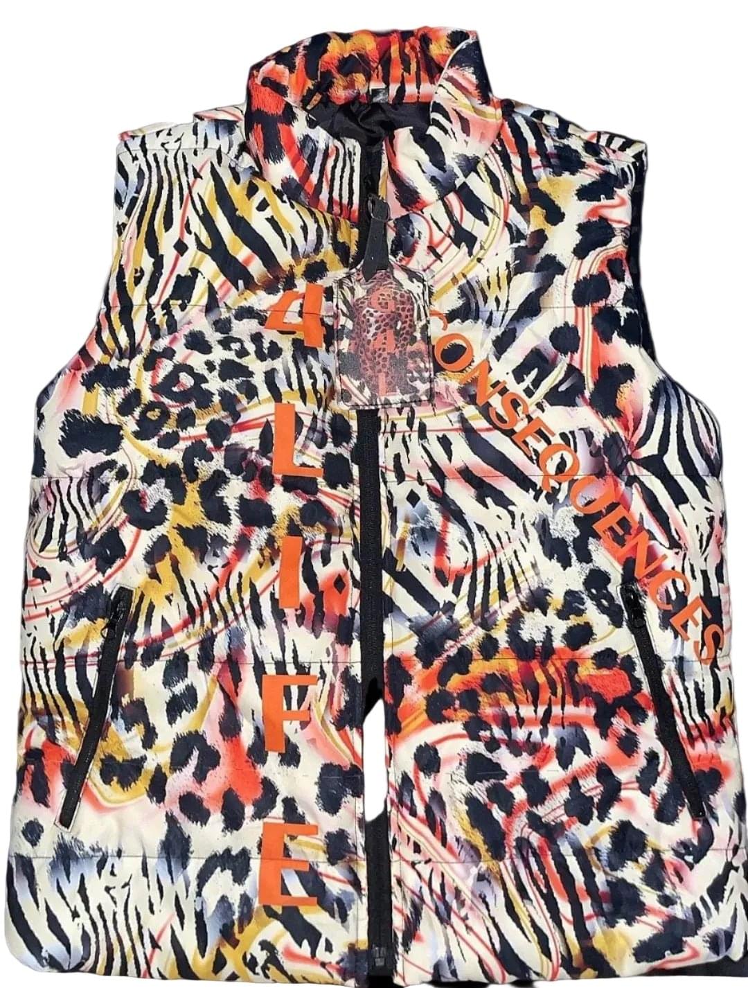 Multicolored patterned vest with zebra and leopard prints on a white background