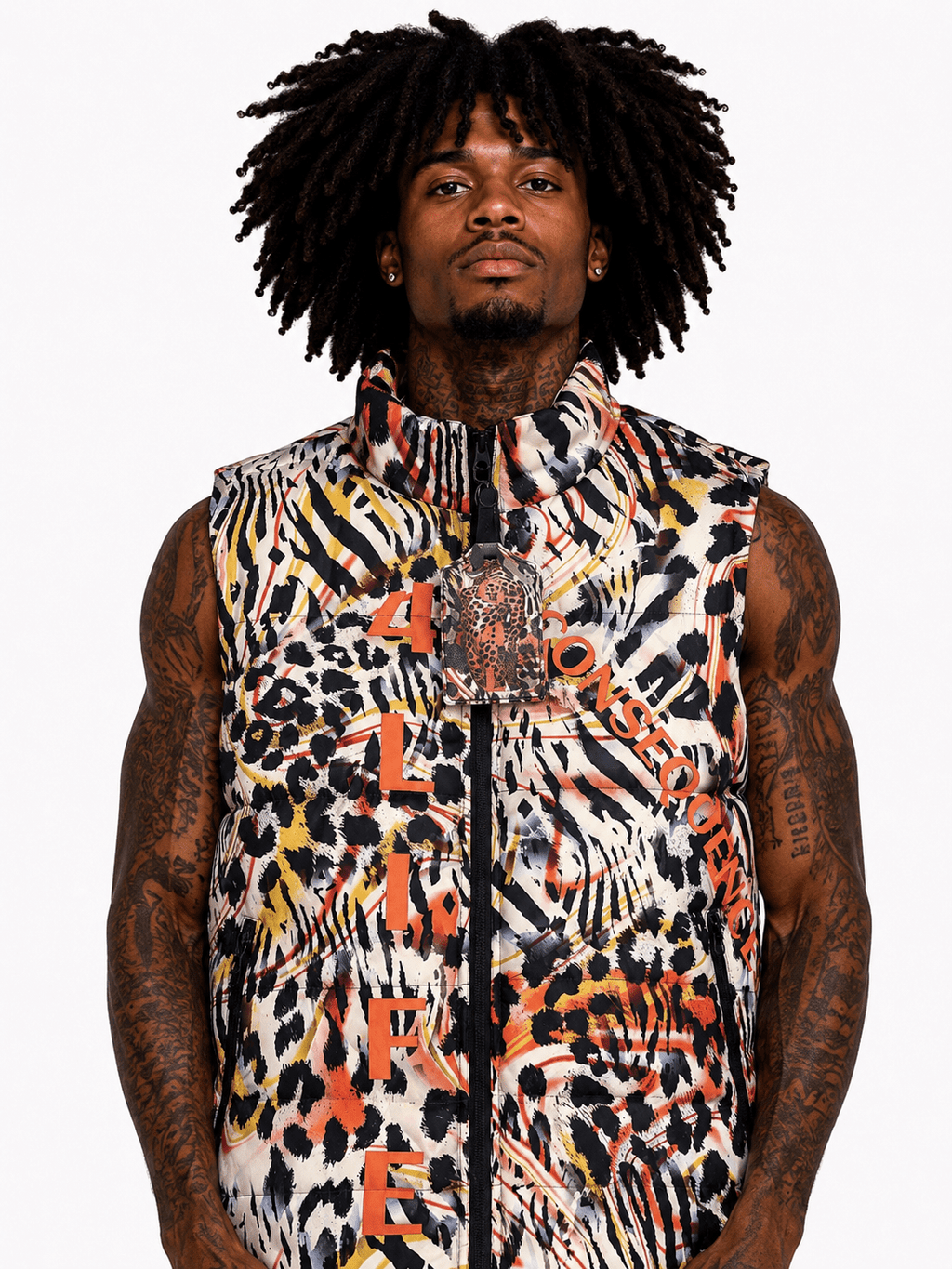 Person wearing a colorful patterned vest with text on a white background