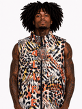 Person wearing a colorful patterned vest with text on a white background