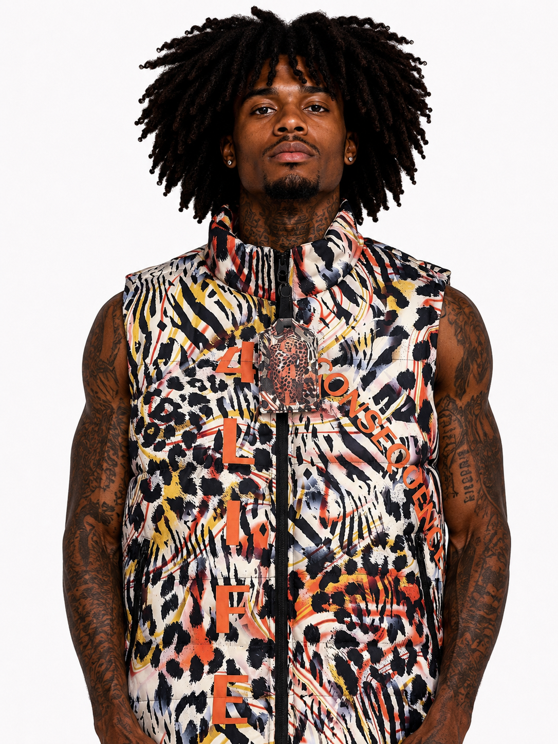 Person wearing a colorful patterned vest with text on a white background