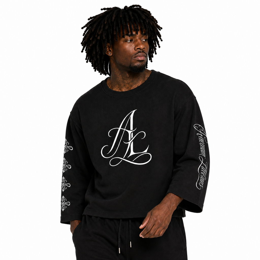 Black Aloof Waffle Raw Edge T-Shirt