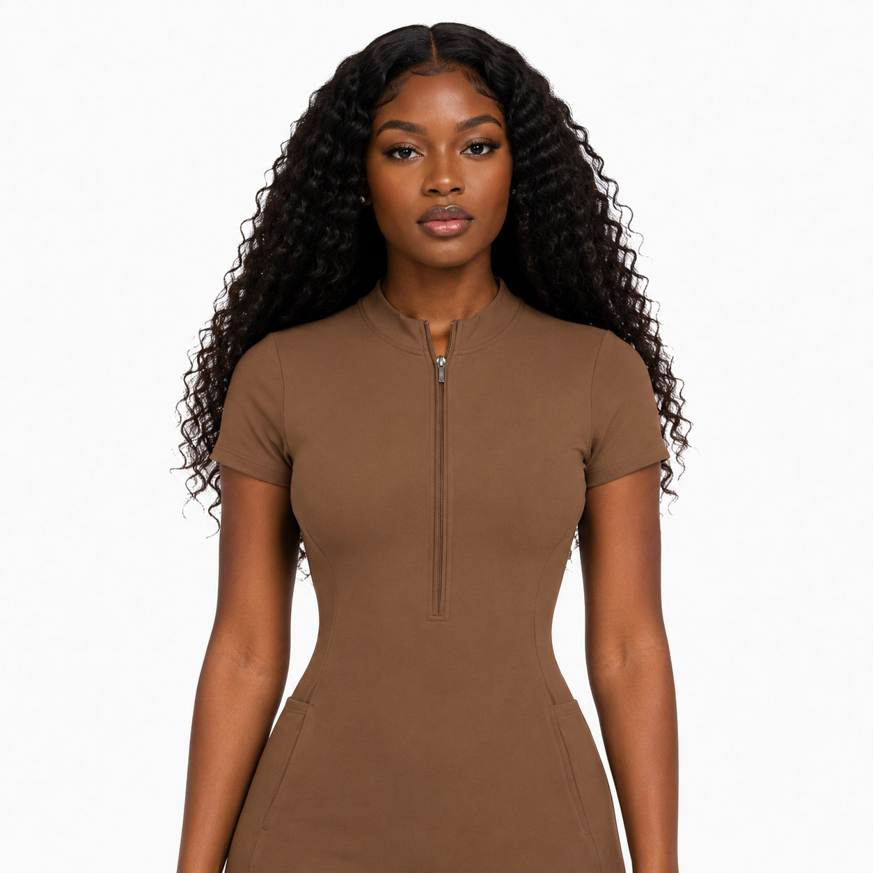 Brown Tight Flared Leg Quarter-Zip Jumpsuit