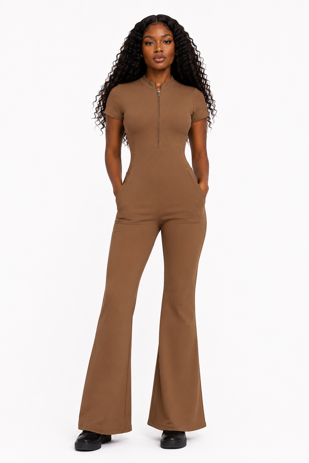 Brown Tight Flared Leg Quarter-Zip Jumpsuit