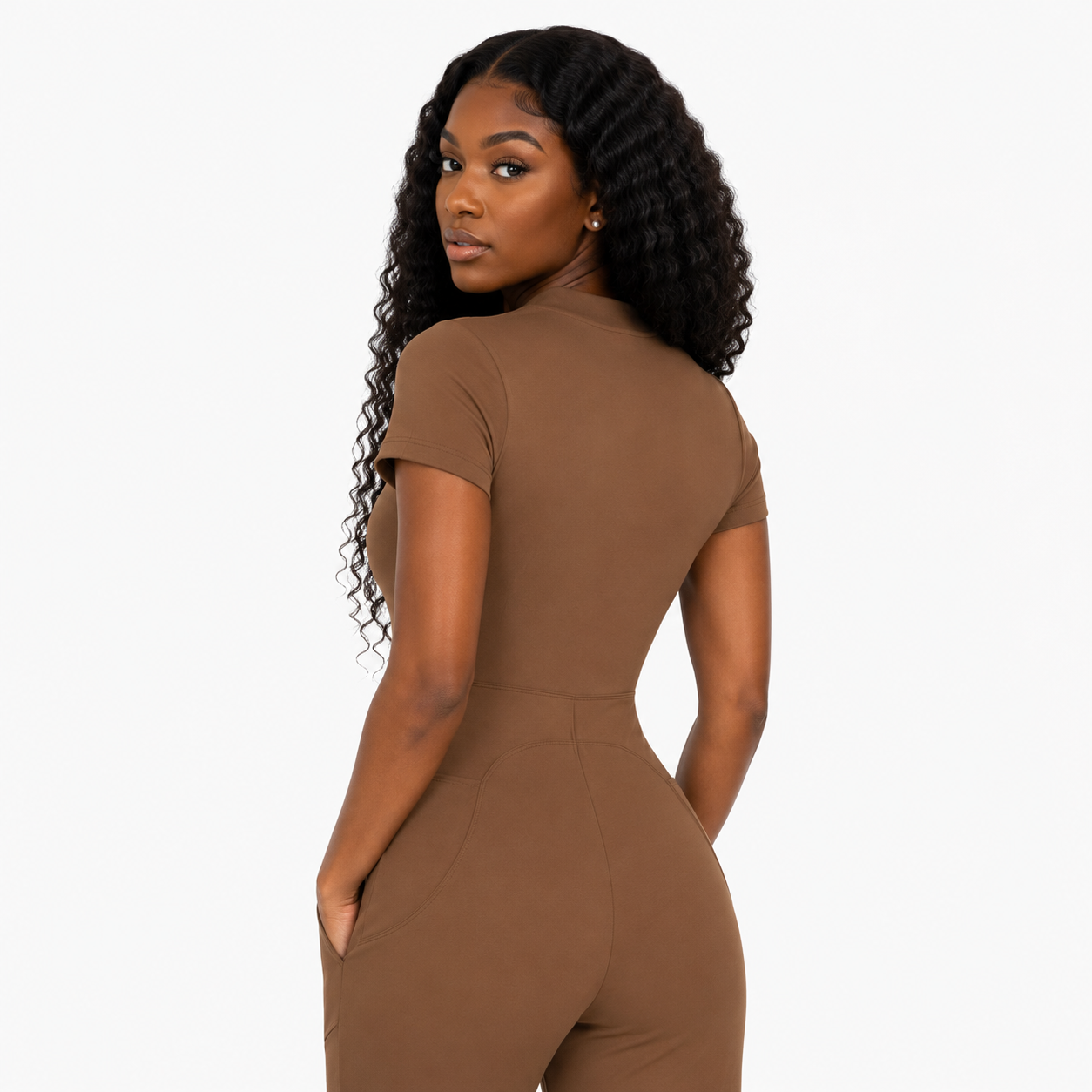 Brown Tight Flared Leg Quarter-Zip Jumpsuit