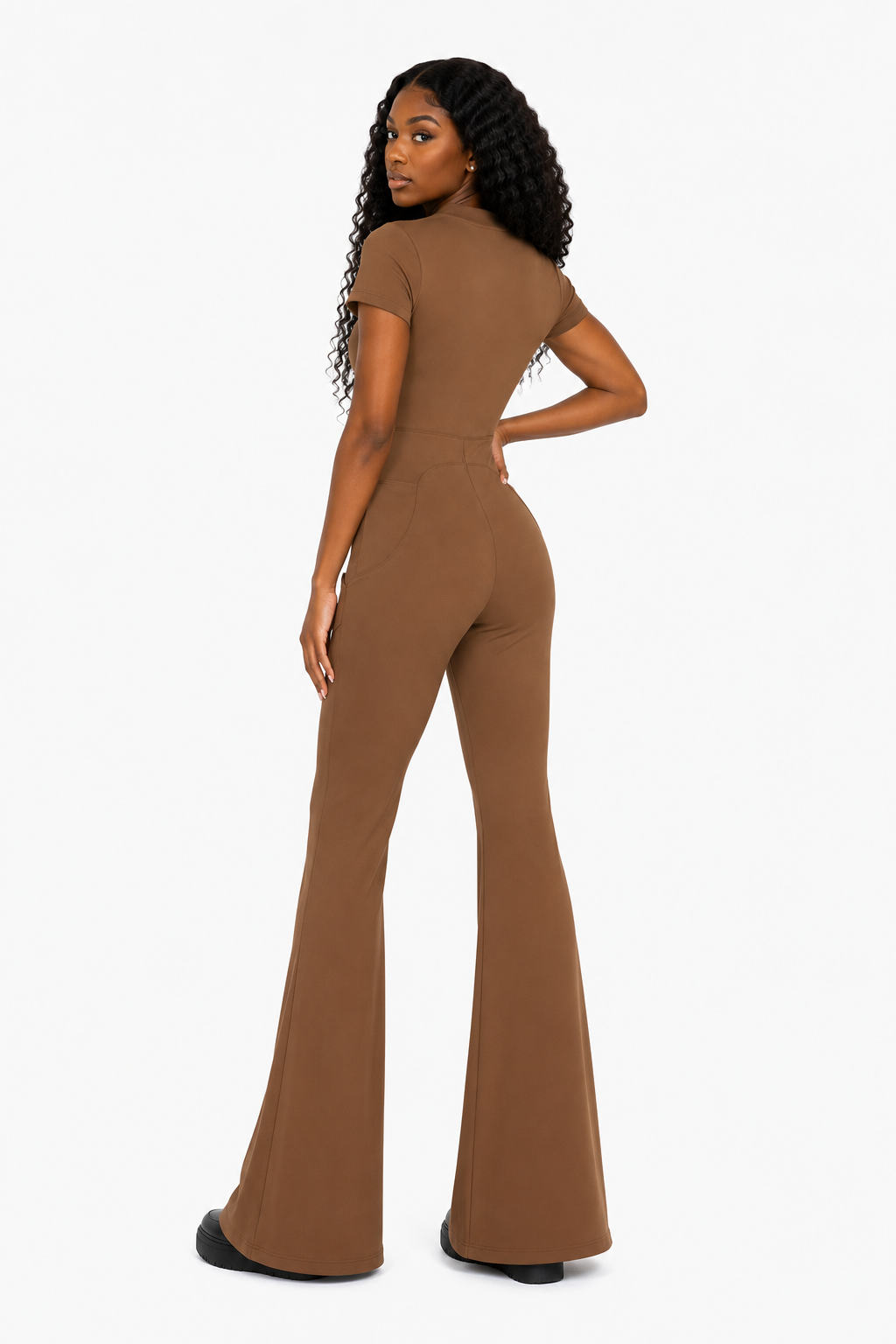 Brown Tight Flared Leg Quarter-Zip Jumpsuit