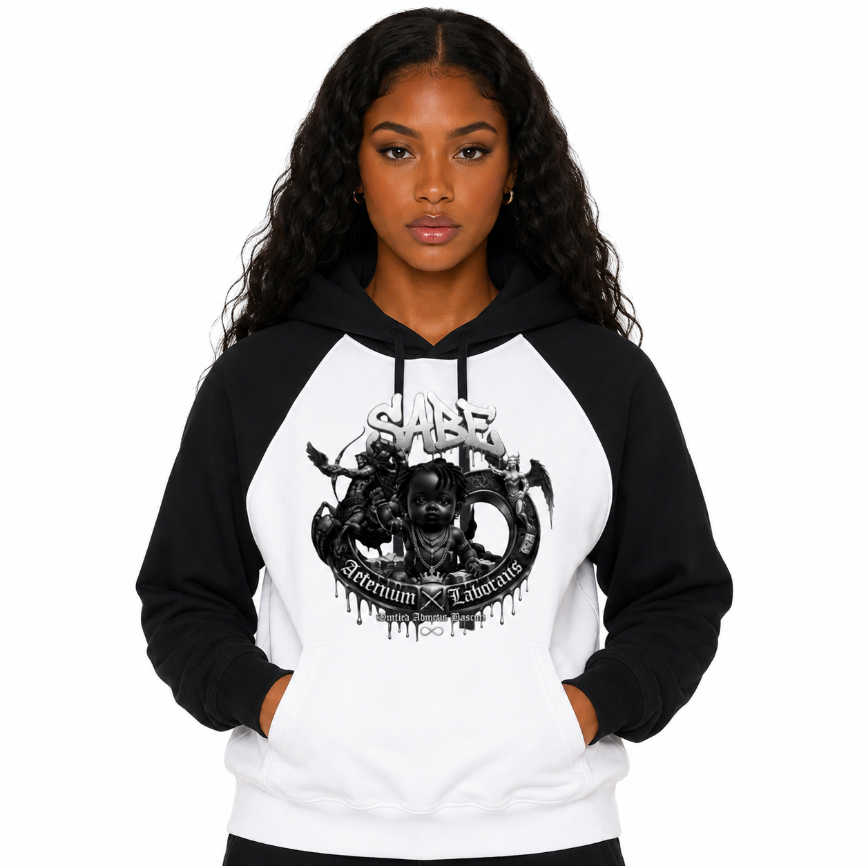 Woman wearing a black and white hoodie with graphic design on a white background