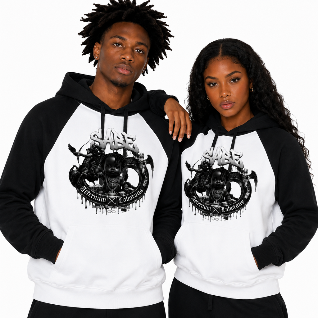 Two people wearing black and white hoodies with a graphic design on a white background