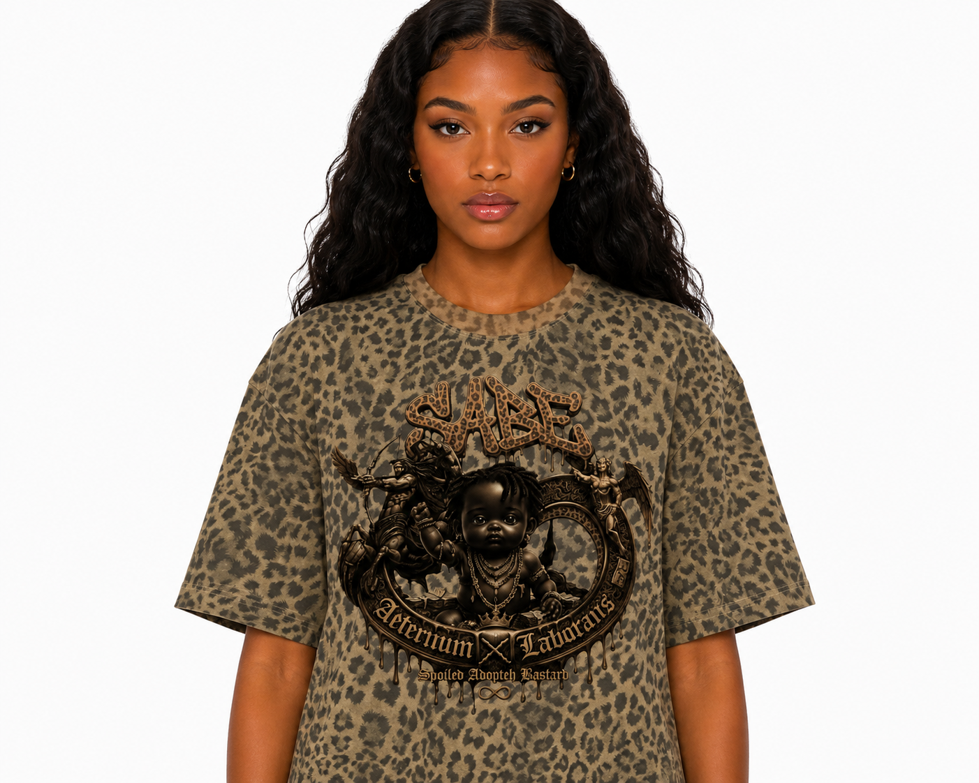 Woman wearing a leopard print t-shirt with a graphic design on a white background