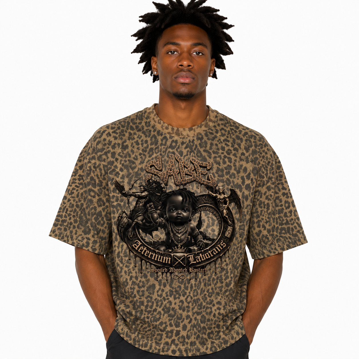 Person wearing a leopard print t-shirt with graphic design on a white background