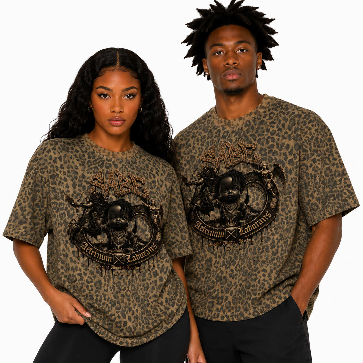 Two people wearing leopard print t-shirts with a black graphic design on a white background
