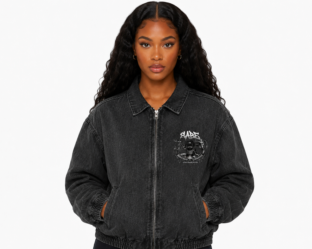 Woman wearing a black denim jacket with a logo on a white background