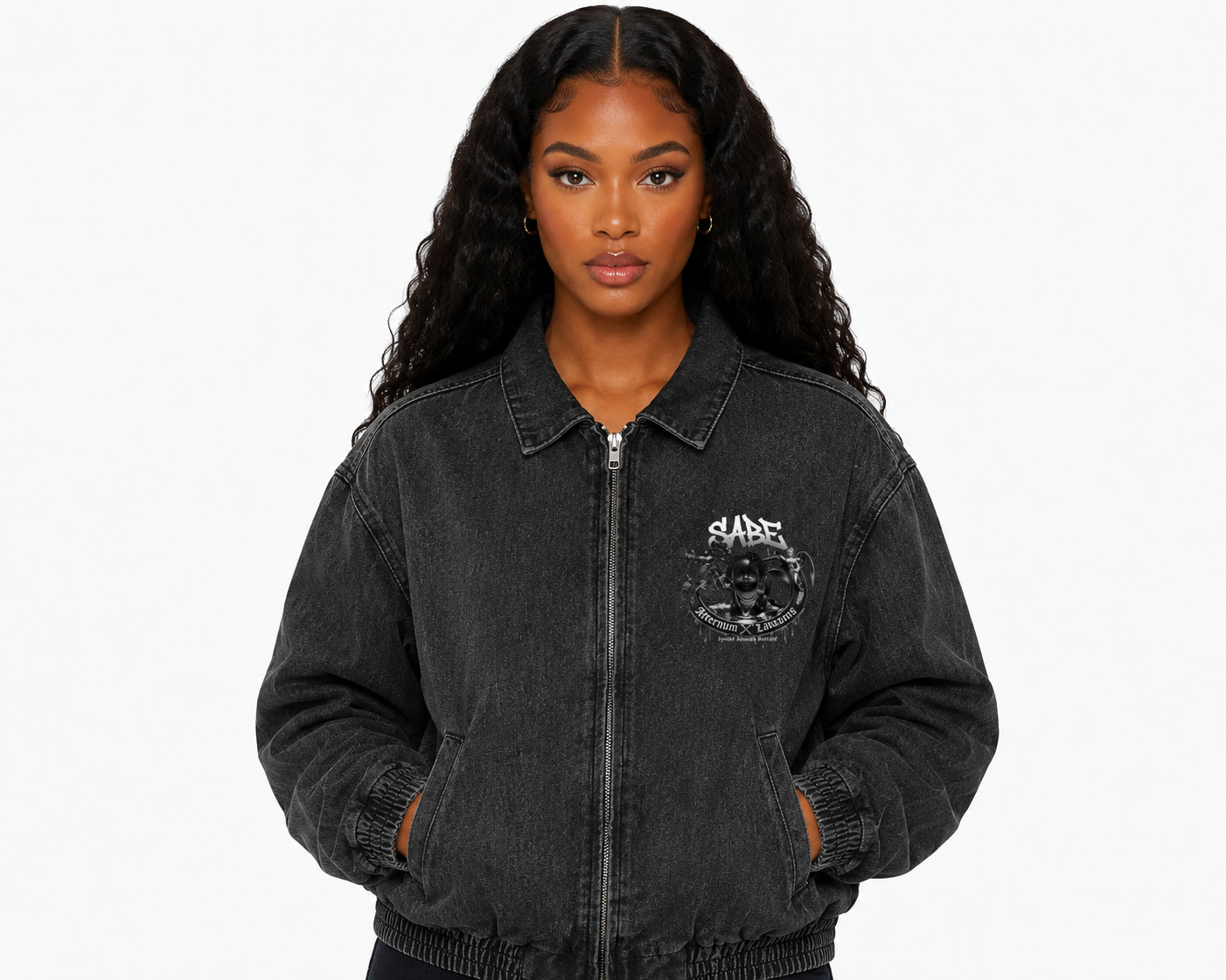 Woman wearing a black denim jacket with a logo on a white background