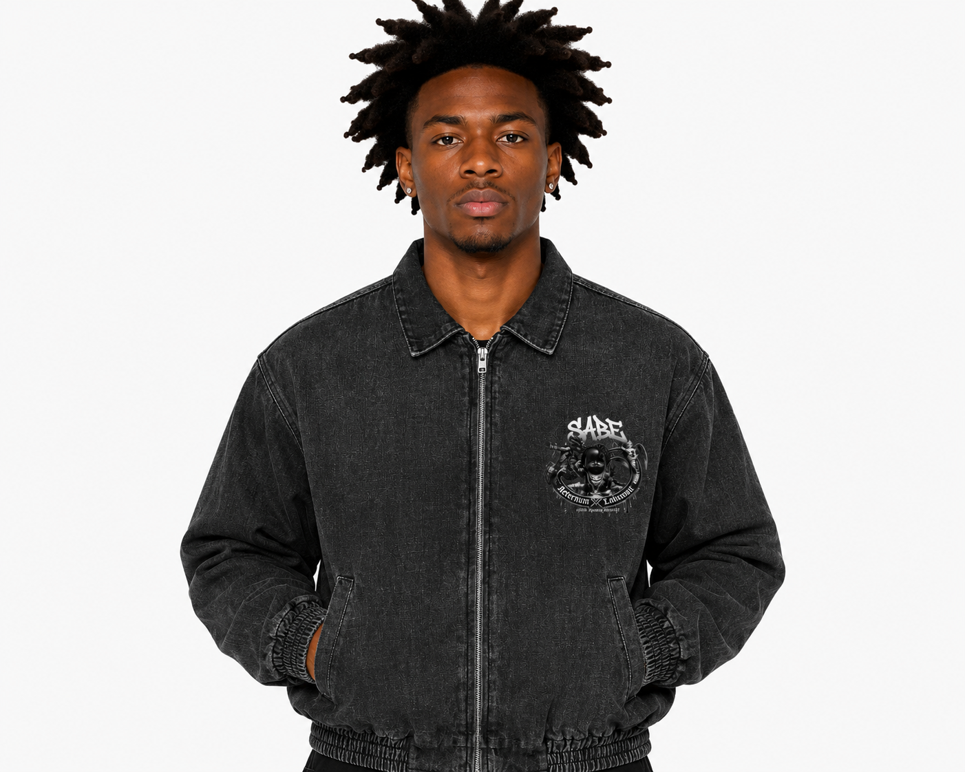 Man wearing a black jacket with a logo on a white background