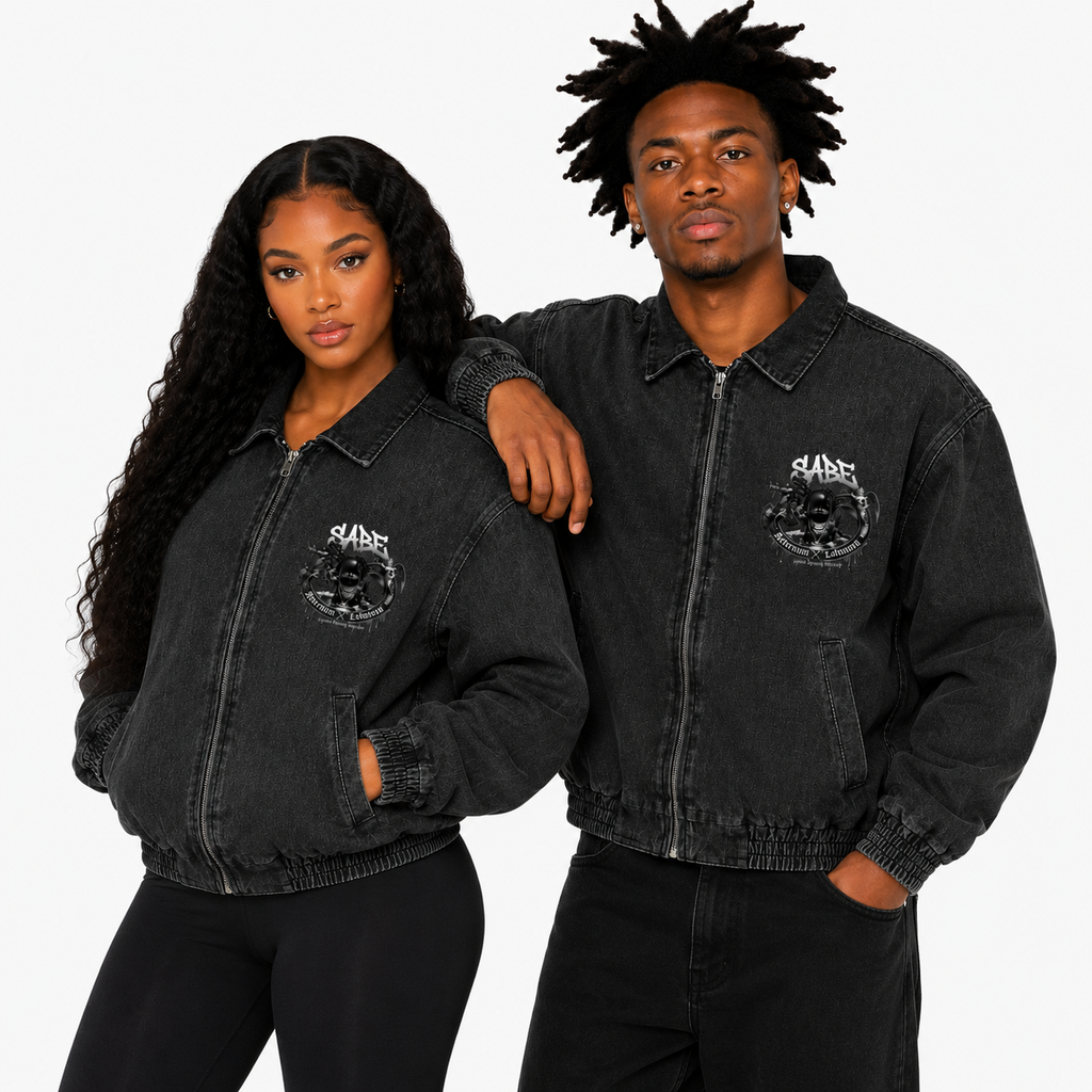 Two people wearing black denim jackets with logos on a white background