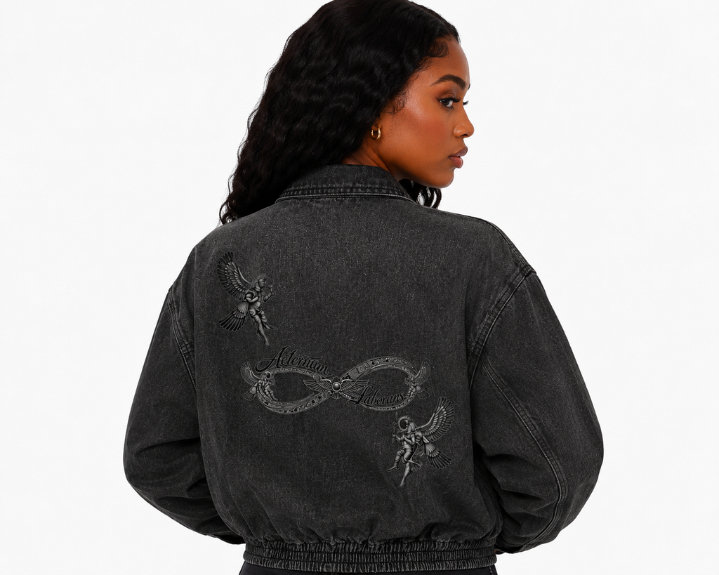 Person wearing a black denim jacket with decorative elements on the back against a white background