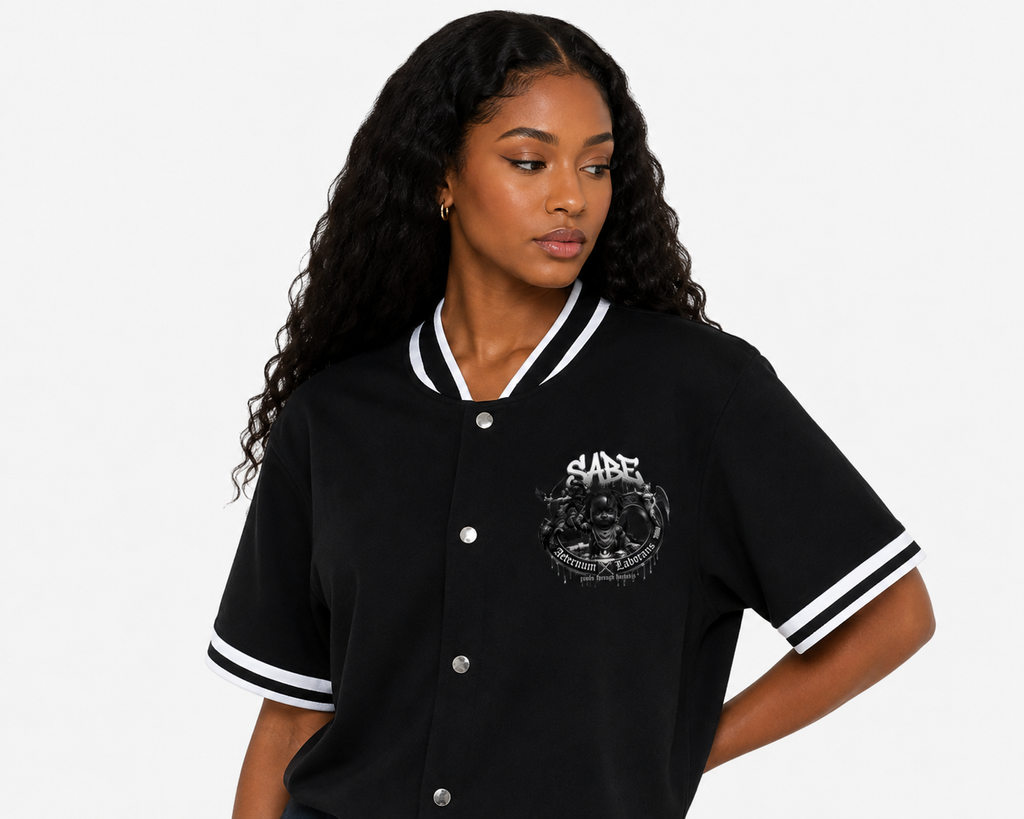 Woman wearing a black varsity jacket with a logo on a white background