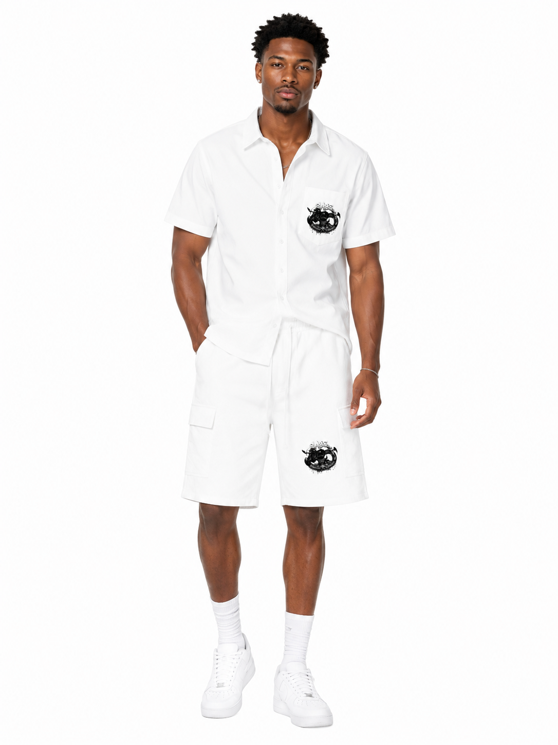 Man wearing a white outfit with black logo on a white background