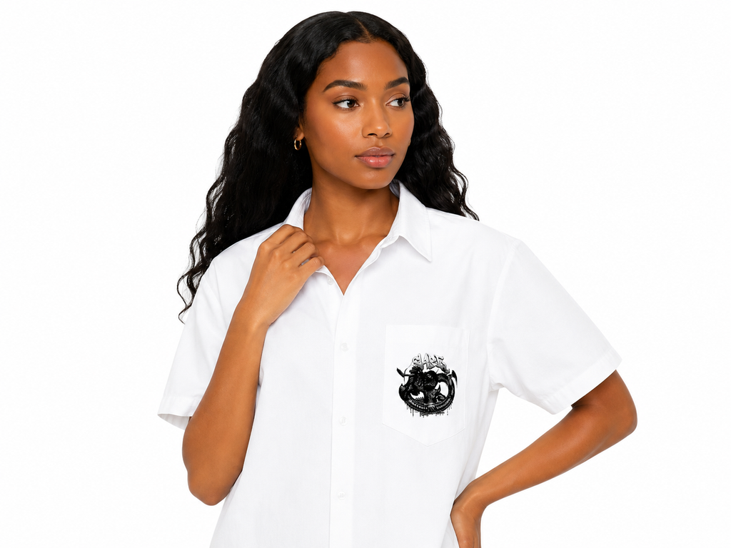 Woman wearing a white polo shirt with a black logo on a white background