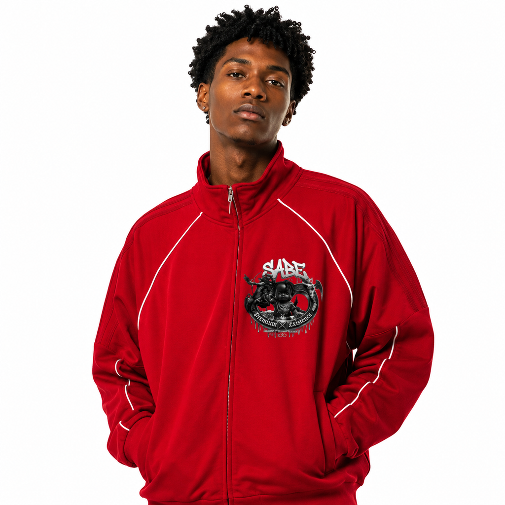 Person wearing a red jacket with a logo on a white background