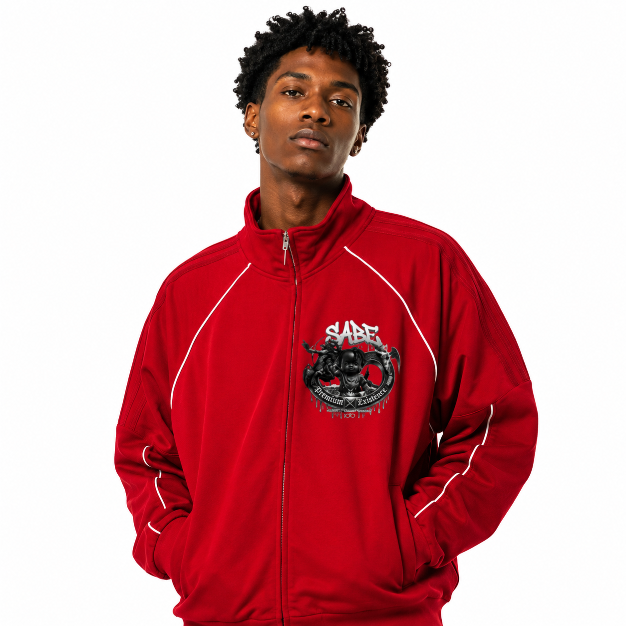 Person wearing a red jacket with a logo on a white background