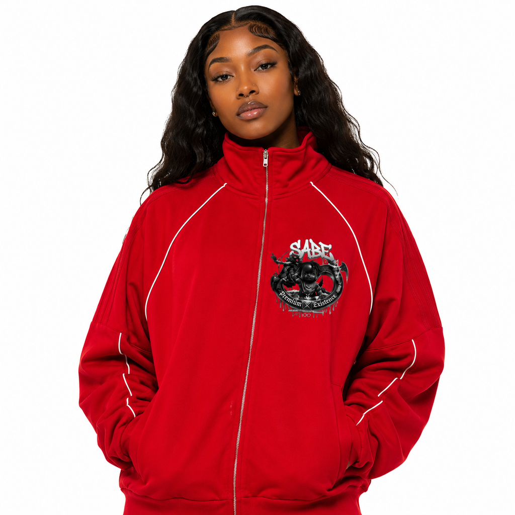 Person wearing a red jacket with a logo on a white background