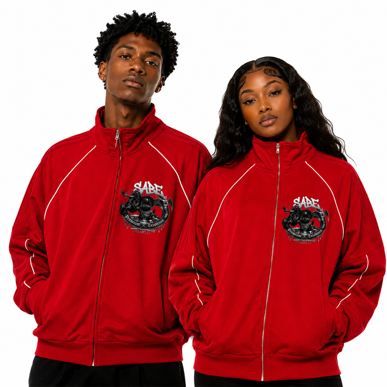 Two people wearing red jackets with a logo on a white background