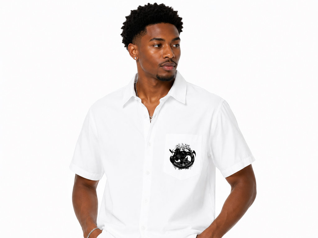 Man wearing a white polo shirt with a logo on a white background