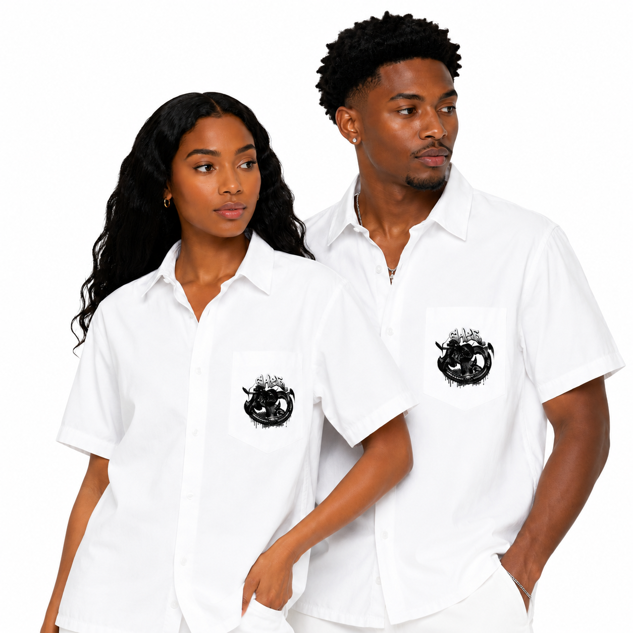 Two people wearing white polo shirts with black logos on a white background