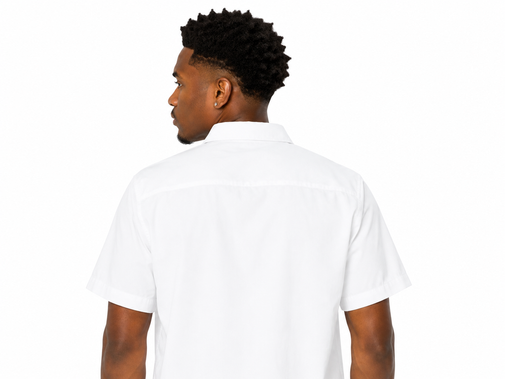 Man wearing a white t-shirt on a white background