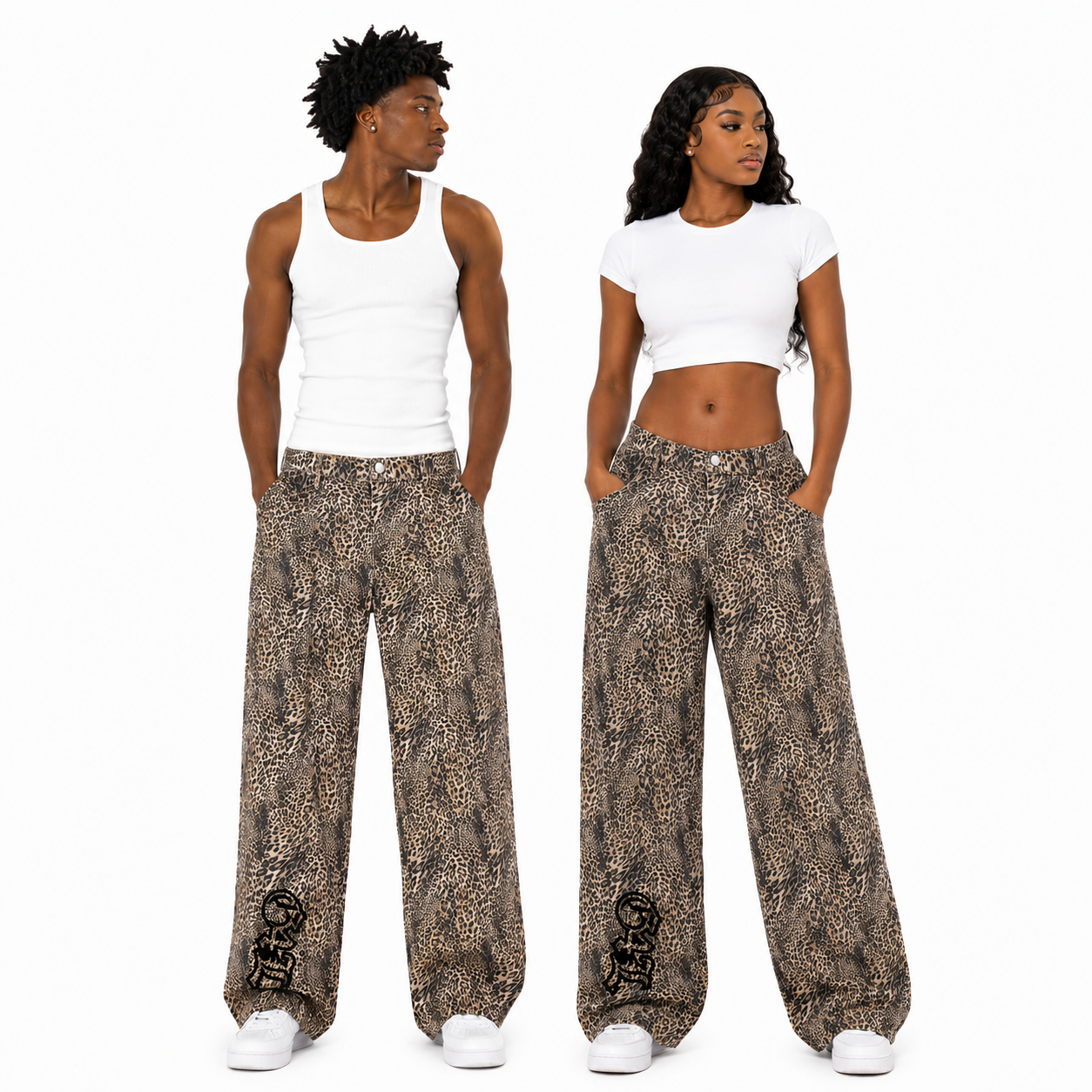 Two people wearing matching patterned pants and white tops on a white background