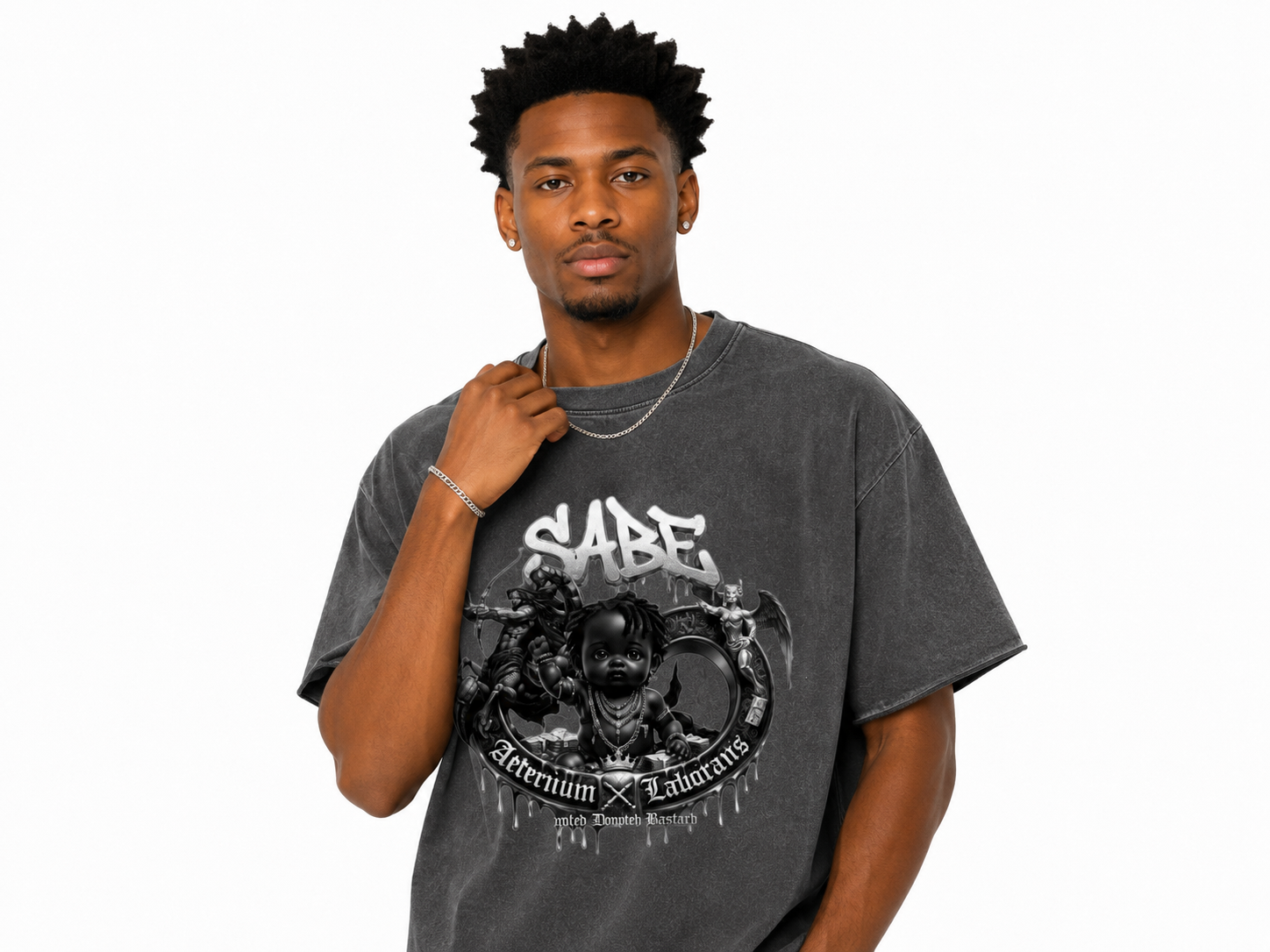 Man wearing a gray t-shirt with a graphic design and text on a white background
