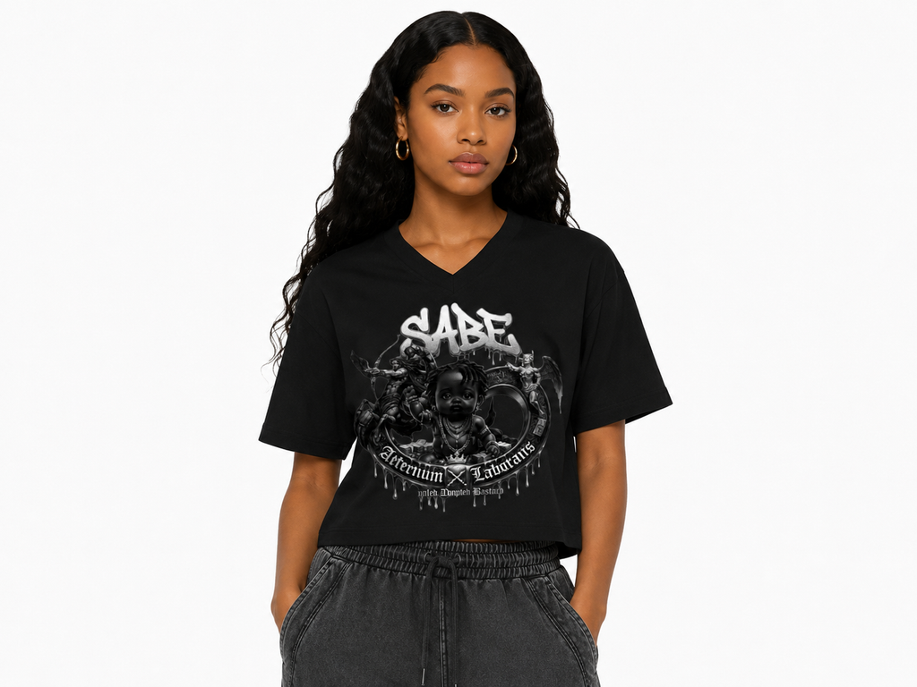 Person wearing a black t-shirt with graphic design and text on a white background