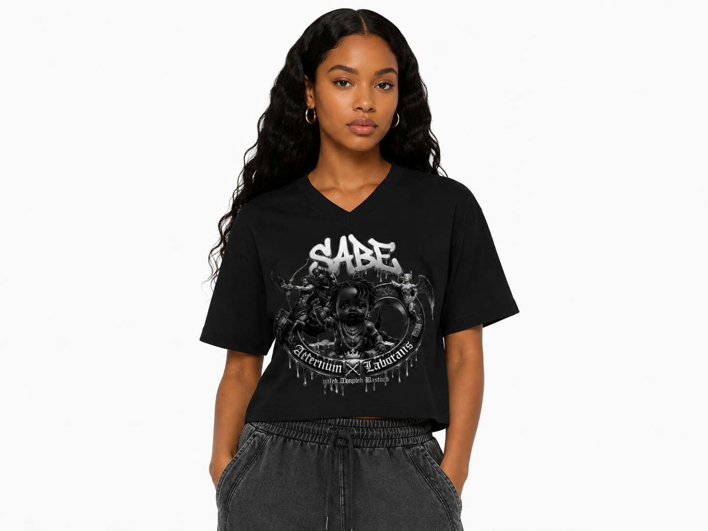 Person wearing a black t-shirt with graphic design and text on a white background