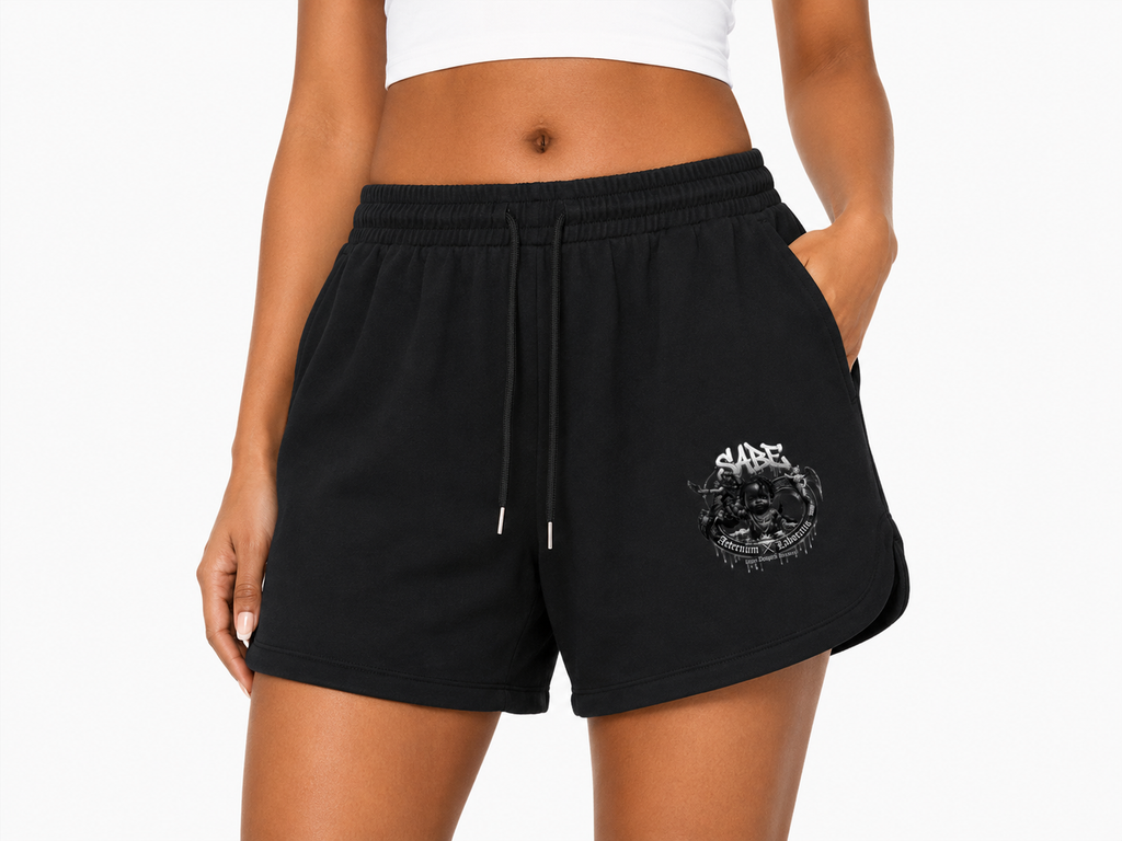 Black shorts with a logo on a white background