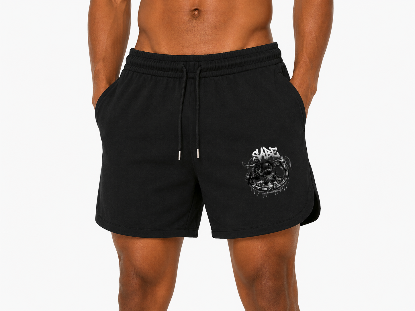 Black shorts with a logo on a white background
