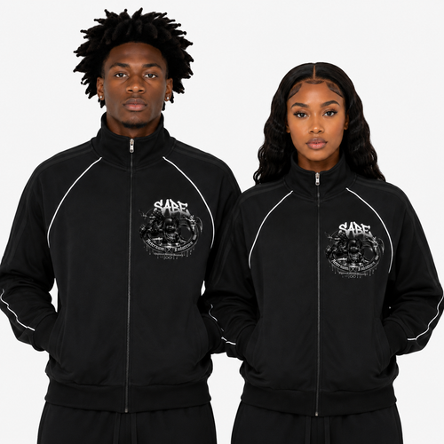 Two people wearing black tracksuits with a logo on a white background