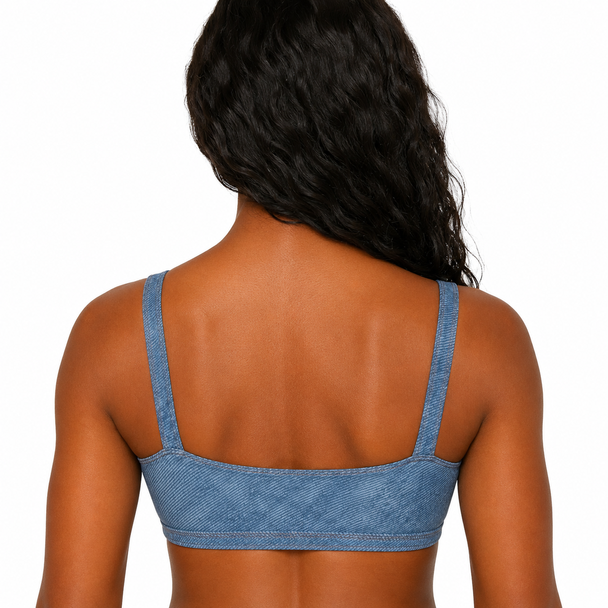 Blue denim-style bralette worn by a person on a white background