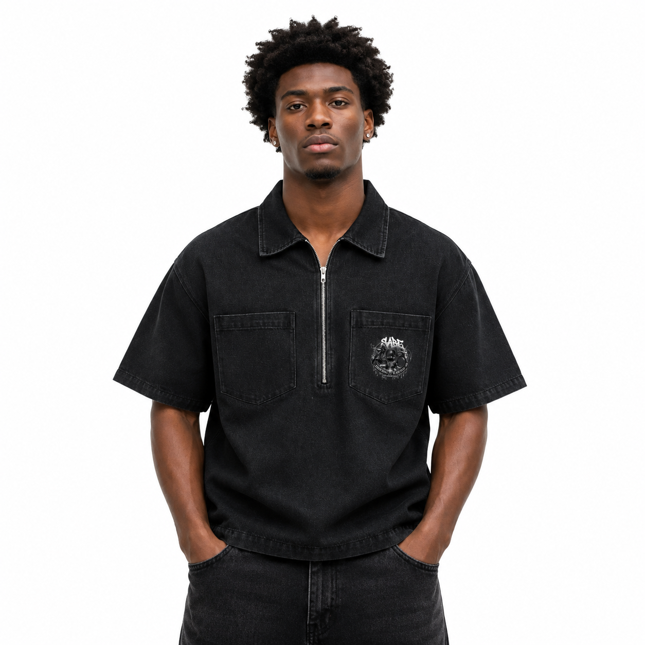 Man wearing a black short-sleeve shirt with a logo on a white background