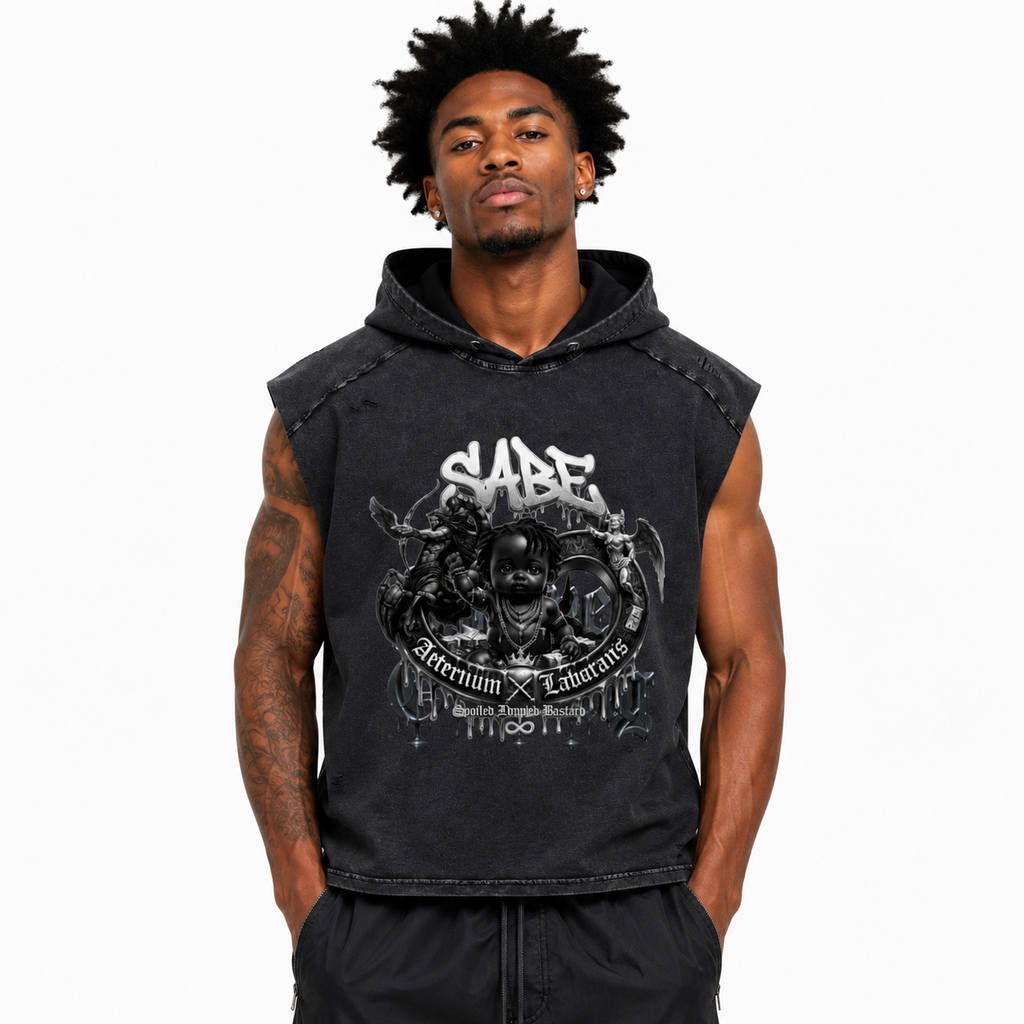Man wearing a black sleeveless hoodie with graphic design and text on a white background