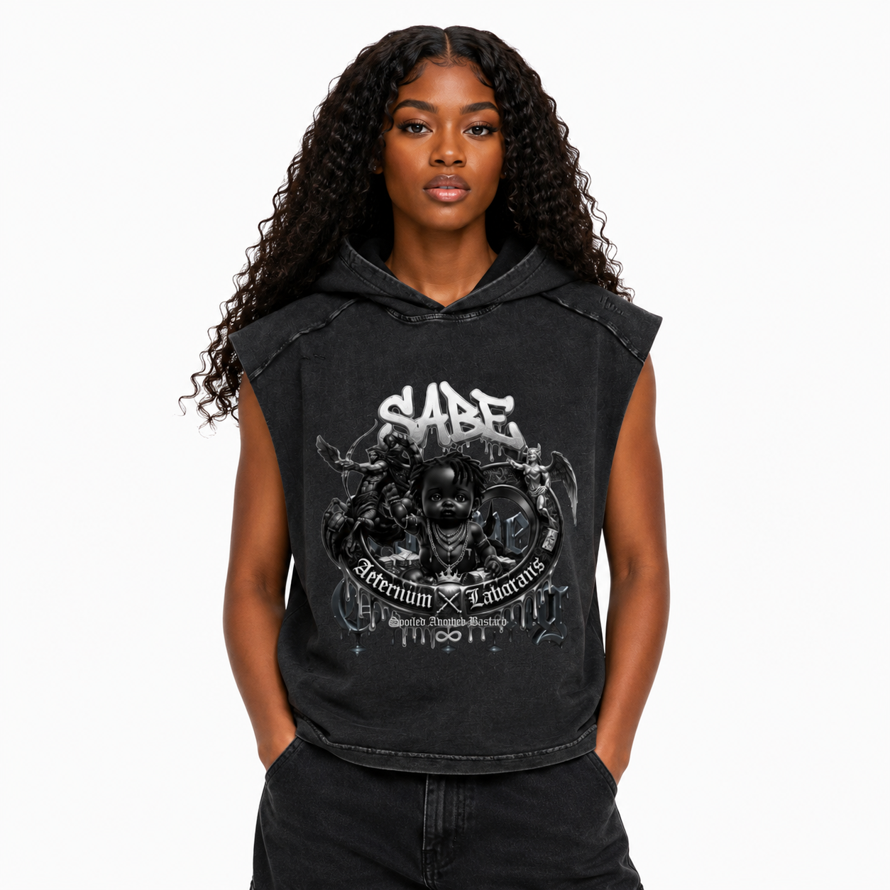 Black sleeveless hoodie with graphic design and text worn by a model on a white background