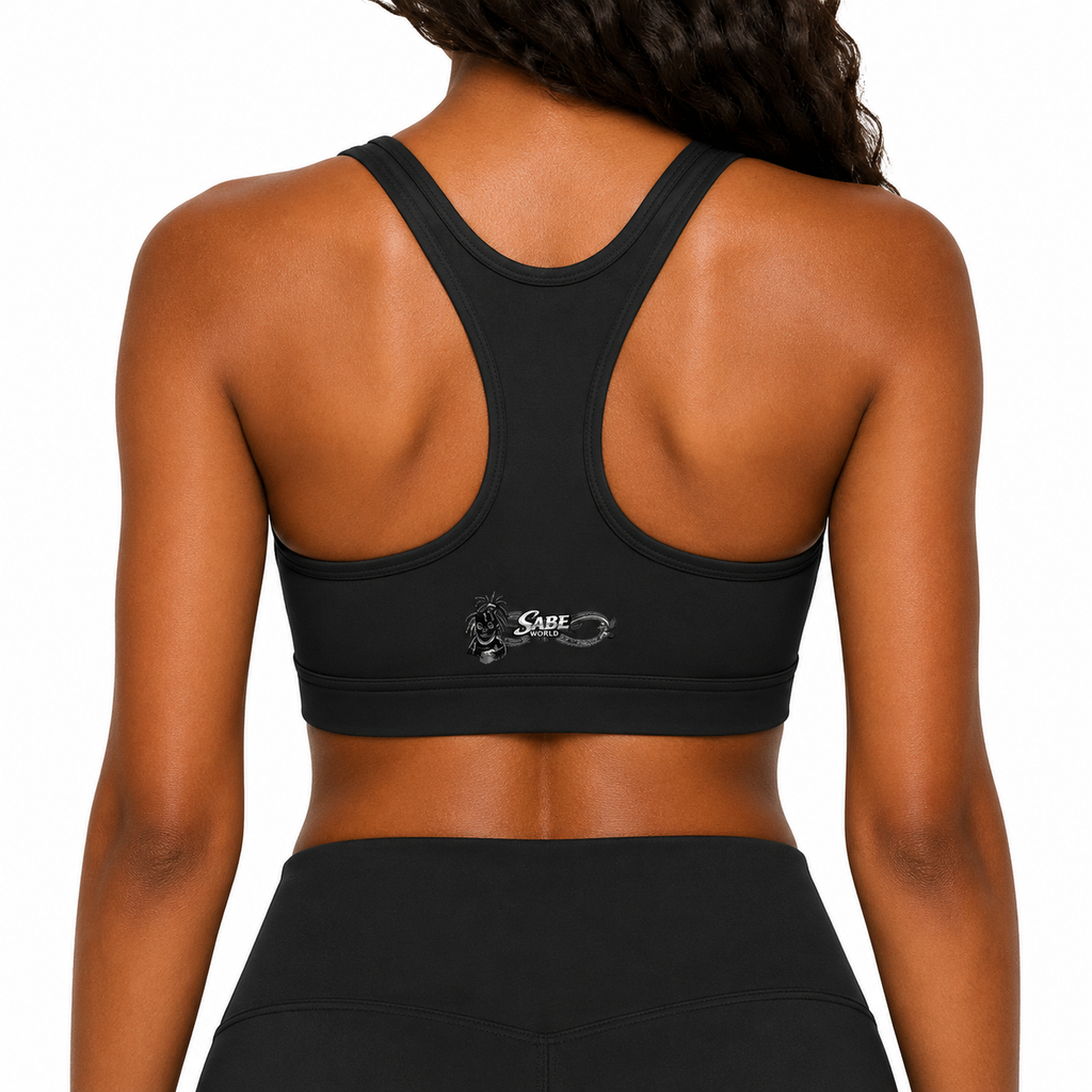 Black sports bra with brand logo on a white background