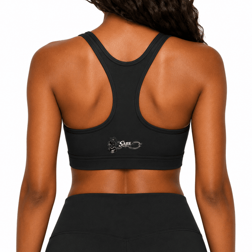 Black sports bra with brand logo on a white background