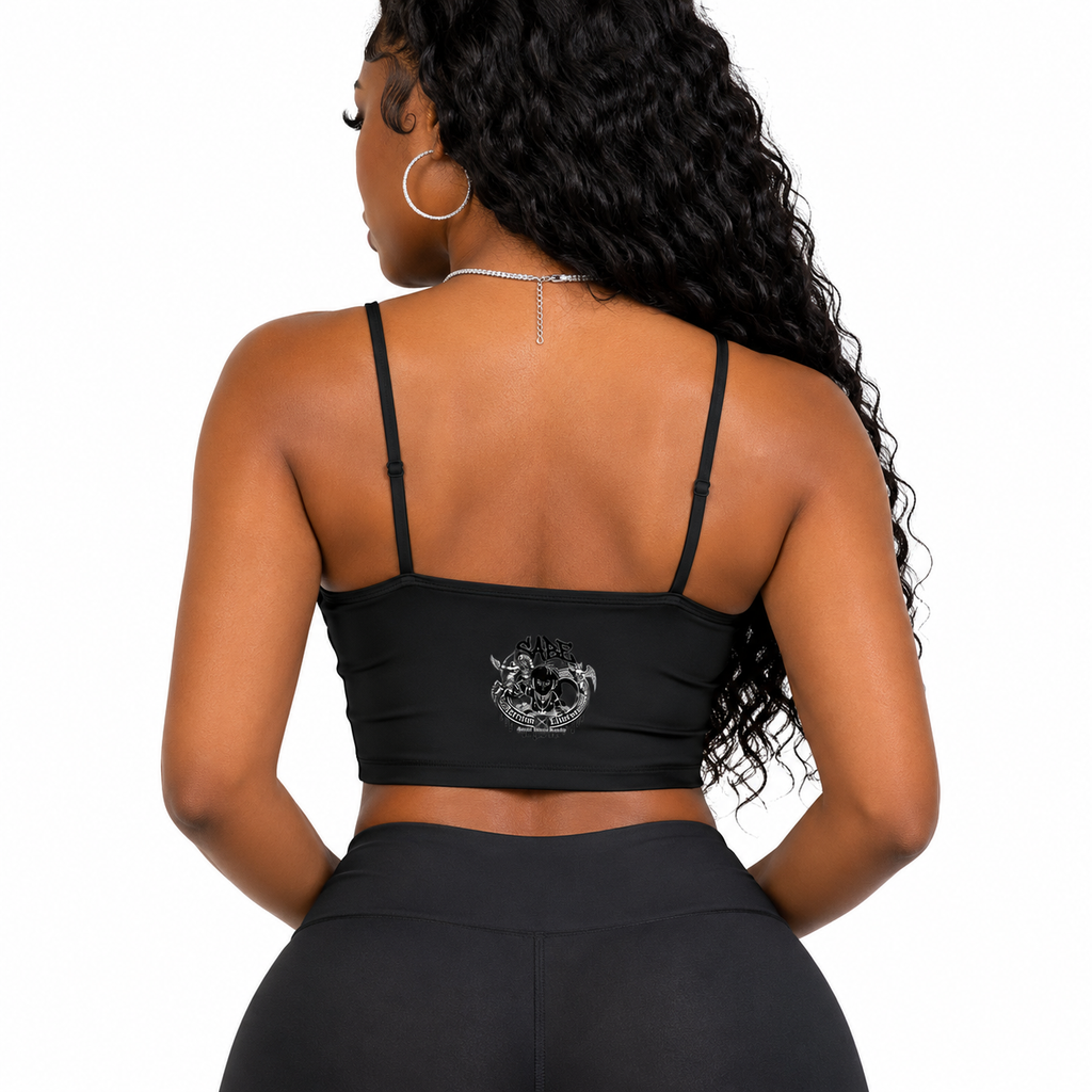 Woman wearing a black sports bra with a logo on a white background