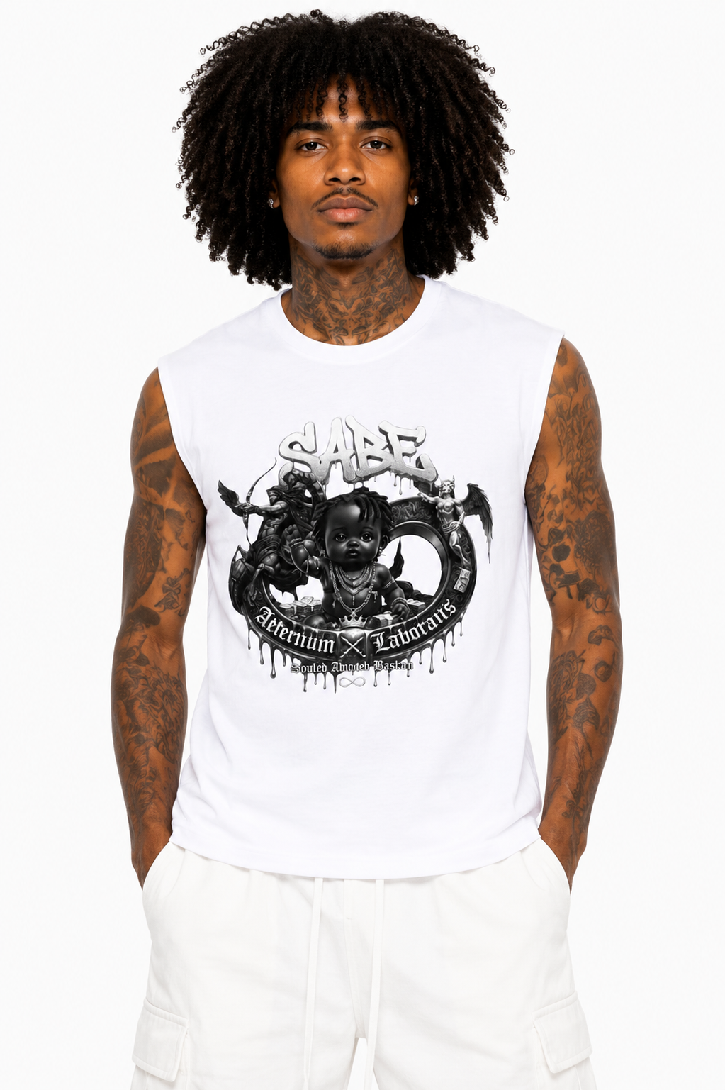 Person wearing a white sleeveless shirt with black graphic design on a white background