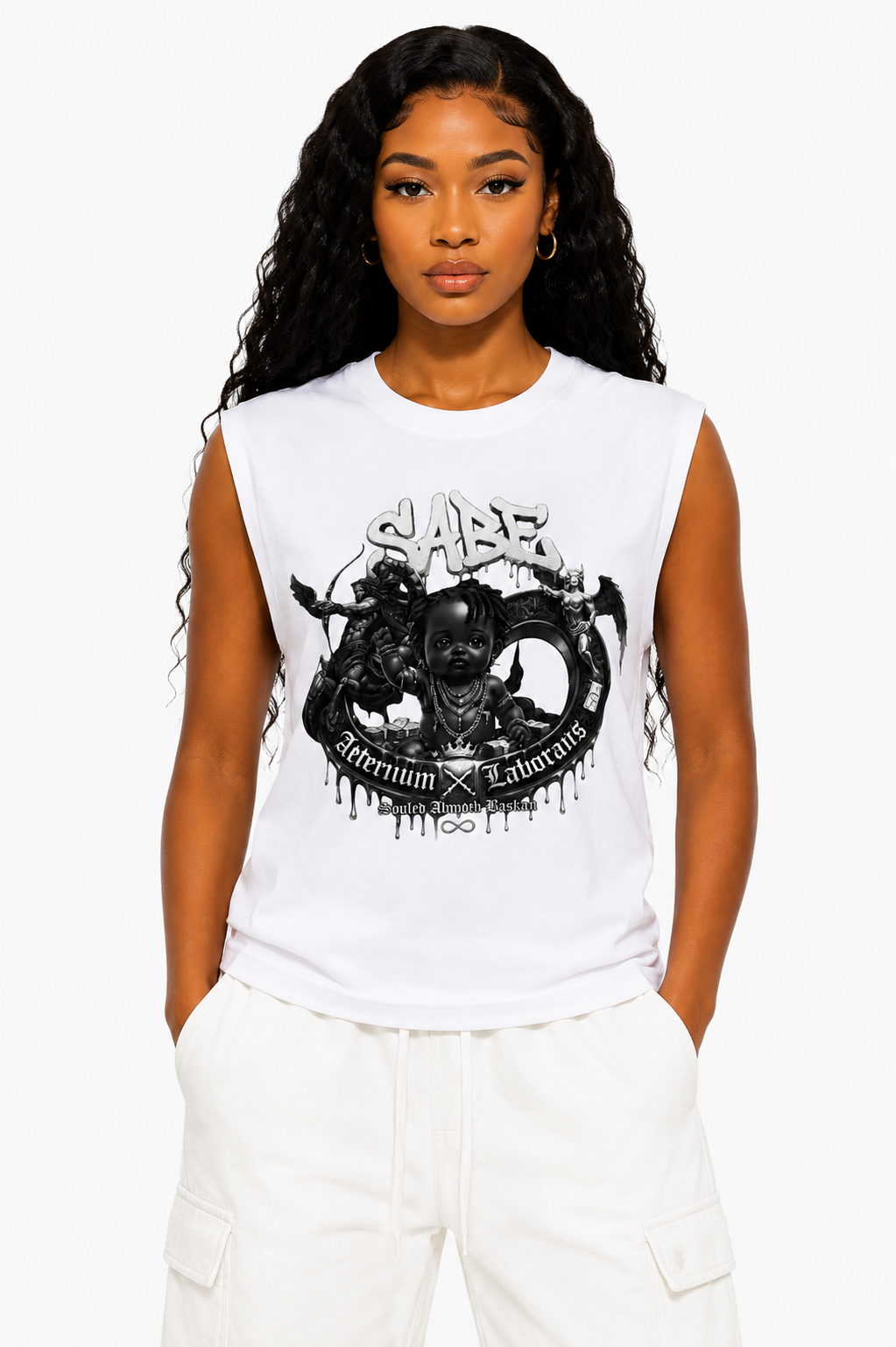 Woman wearing a white sleeveless shirt with black graphic design on a white background