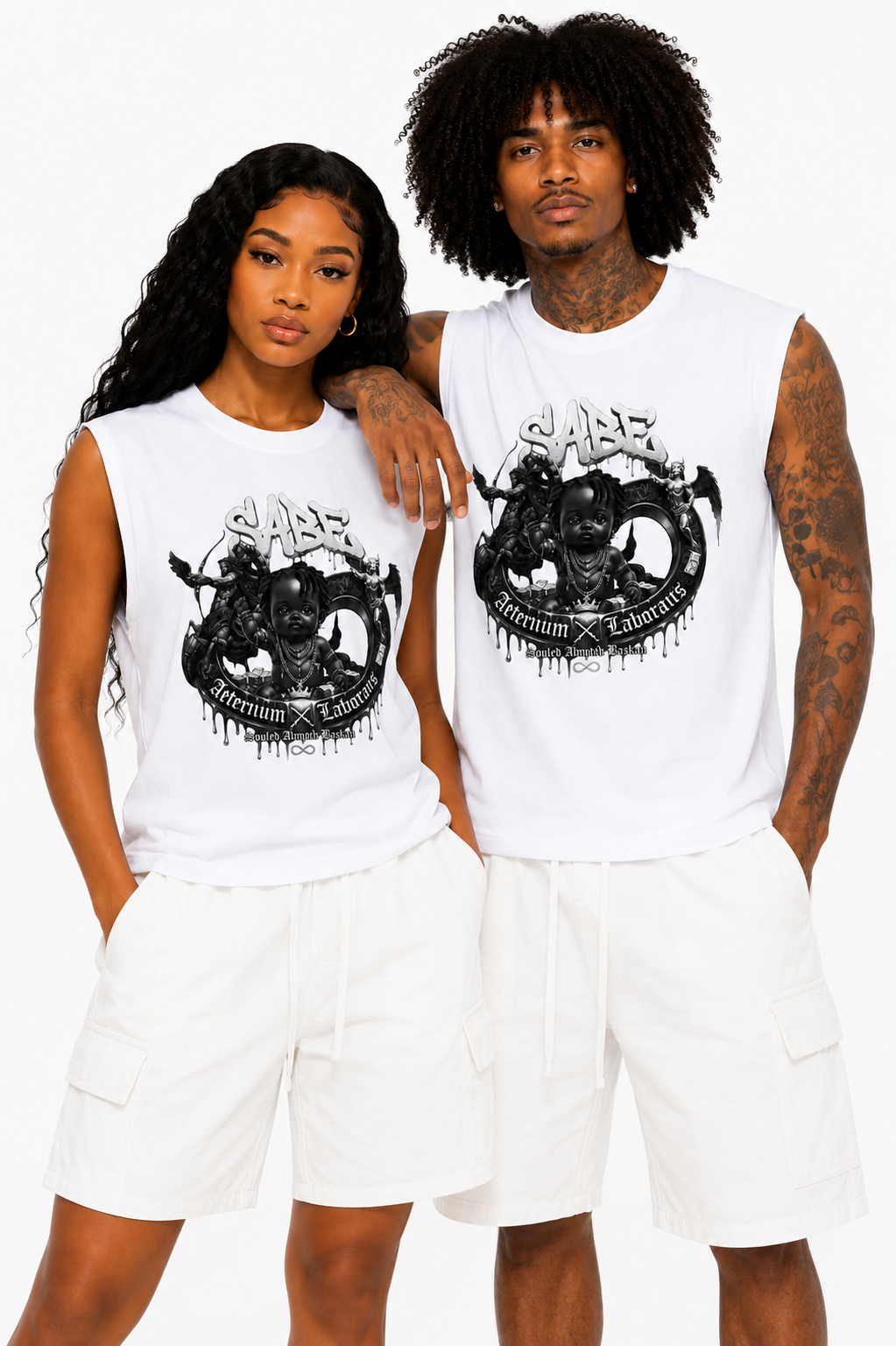 Two people wearing white sleeveless shirts with black graphic designs on a white background