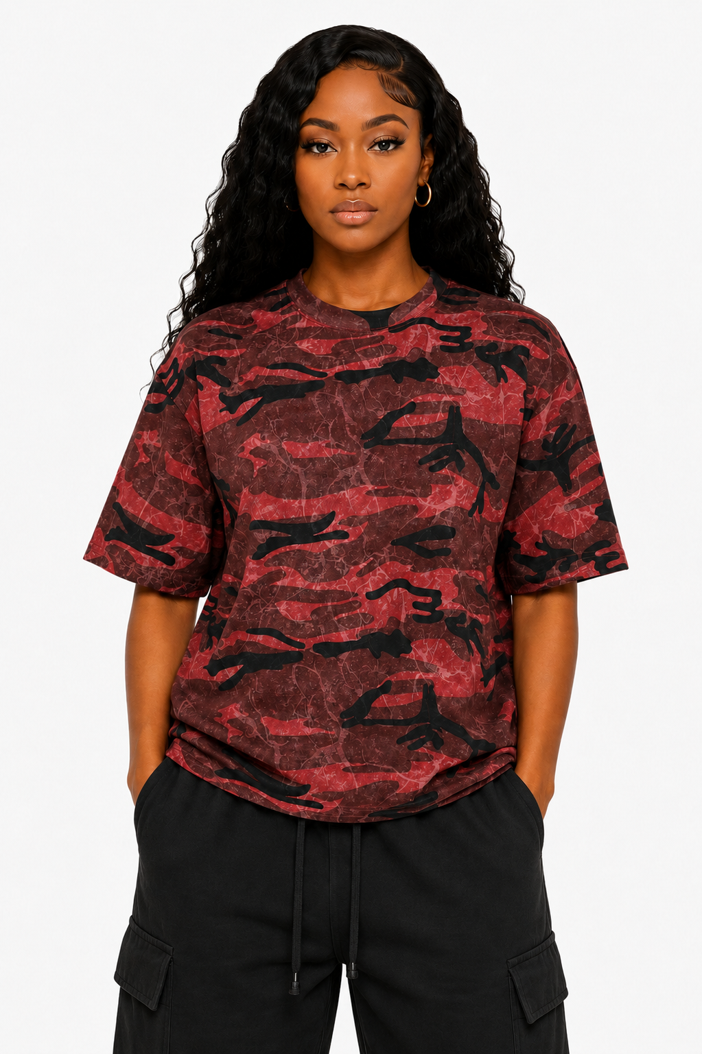 Person wearing a red and black camouflage t-shirt against a white background