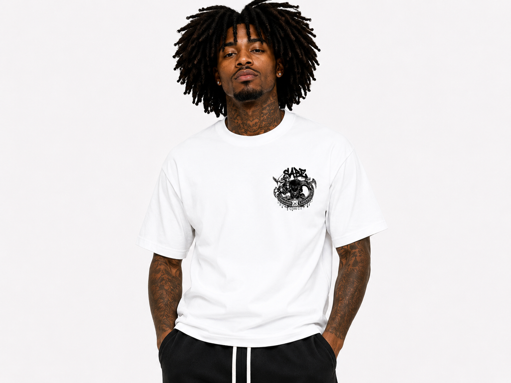Man wearing a white t-shirt with a black logo on a white background